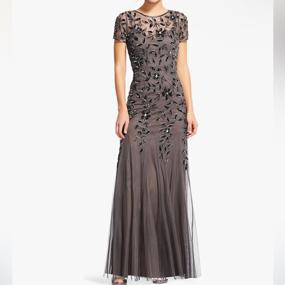 Adrianna Papell Hand Beaded Short Sleeve Floral Godet Gown In Moonscape
